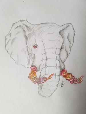 Drawing of an elephant's head. The elephant has bismuth eyes and tusks.